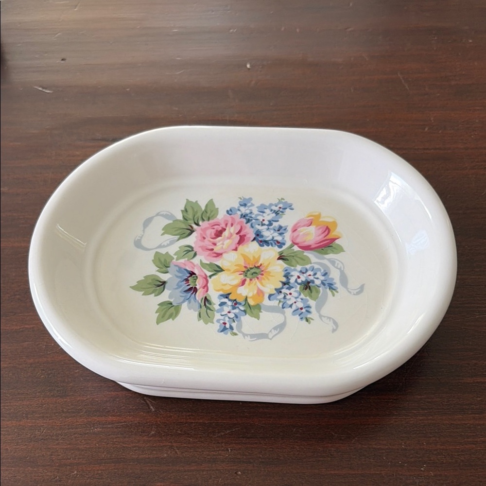 Martha Stewart White Ceramic Floral Soap Dish with Pastel Bouquet